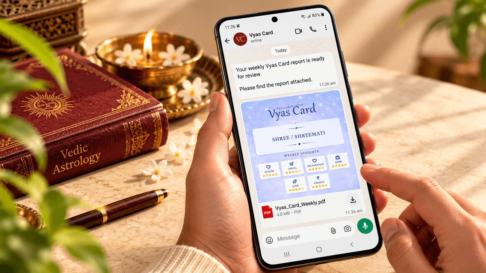 A personalized Vyas Card as it arrives on WhatsApp